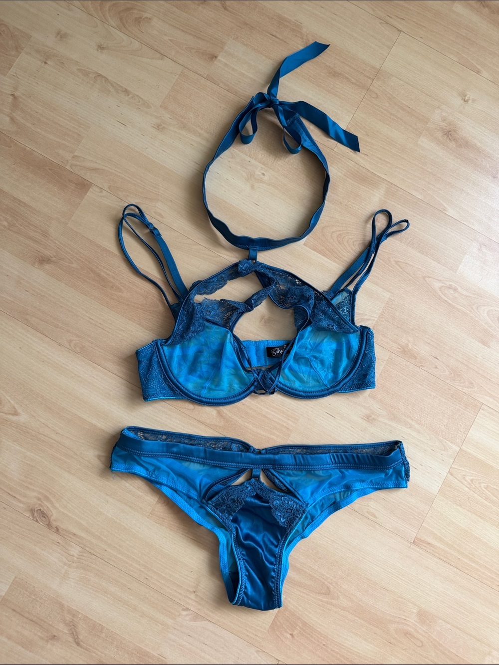 Oh La La Cheri Teal Blue Strappy Sheer Lace 2pc Bra & Panty Lingerie Set